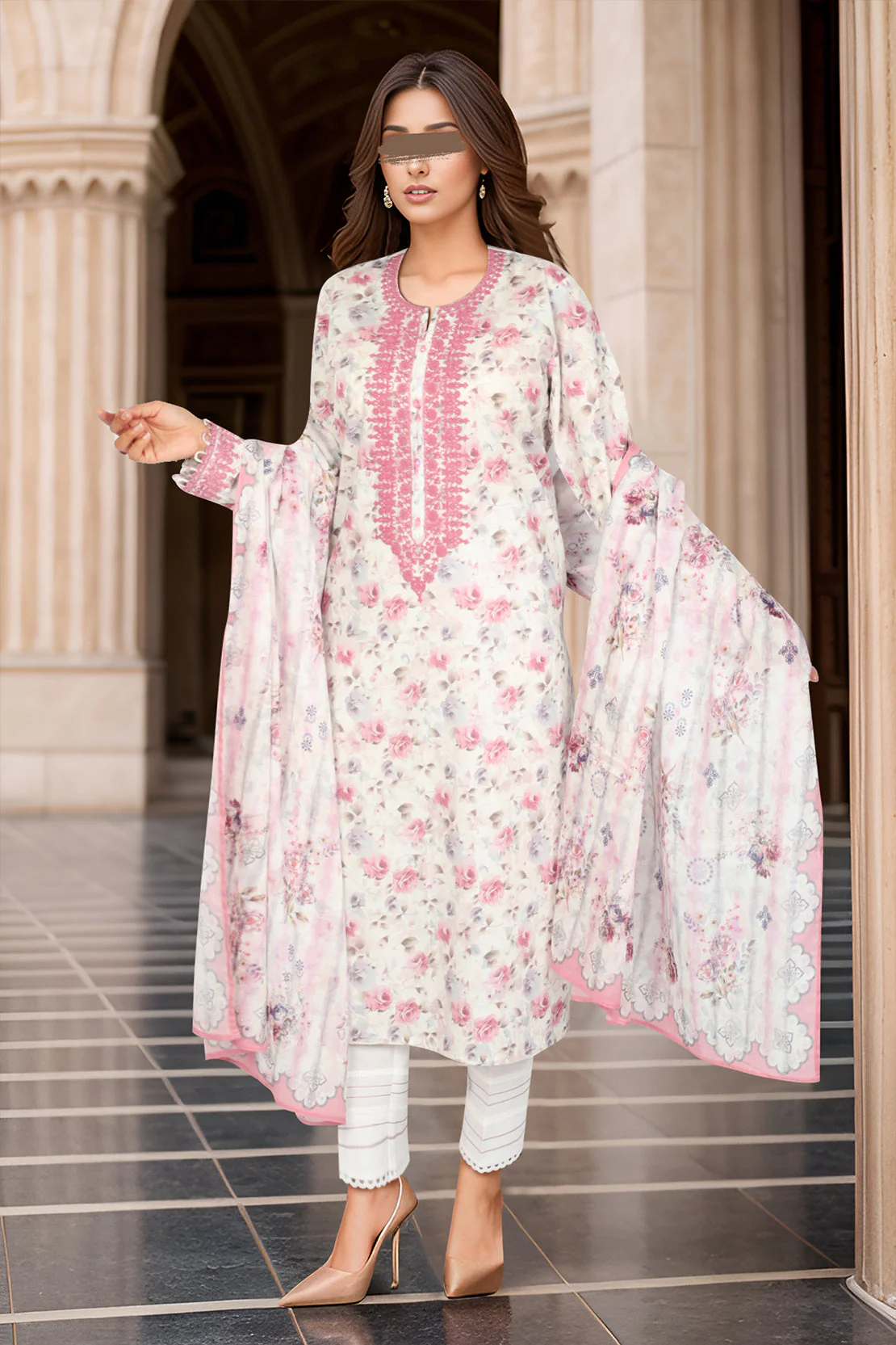 Unstitched Printed Embroidered Lawn 3 Piece