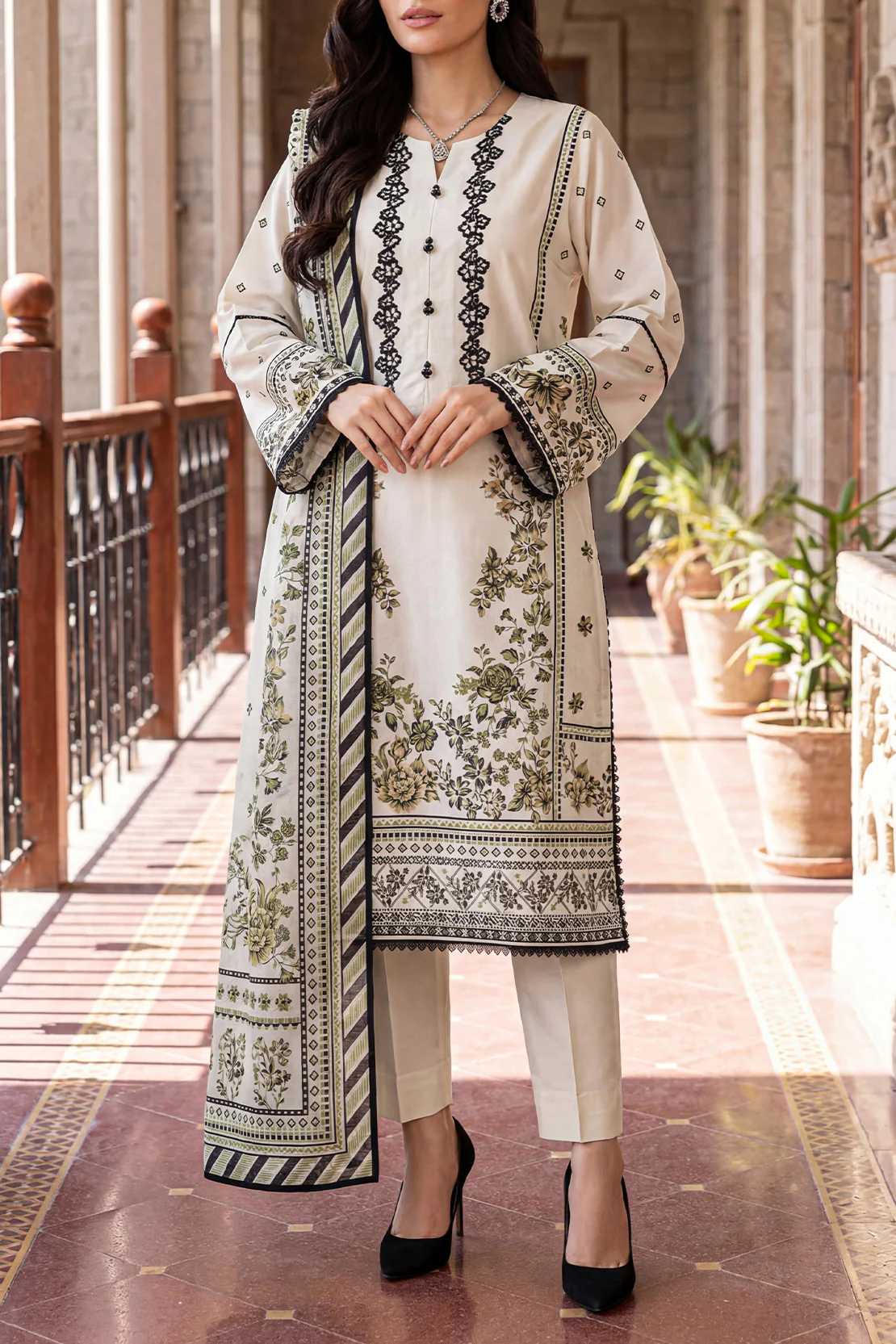 Unstitched Printed Embroidered Lawn 3 Piece