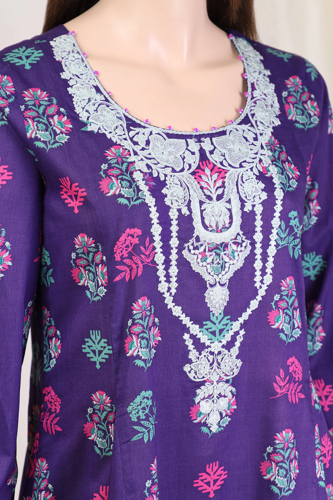 Unstitched Printed Embroidered Lawn Shirt - Image 3
