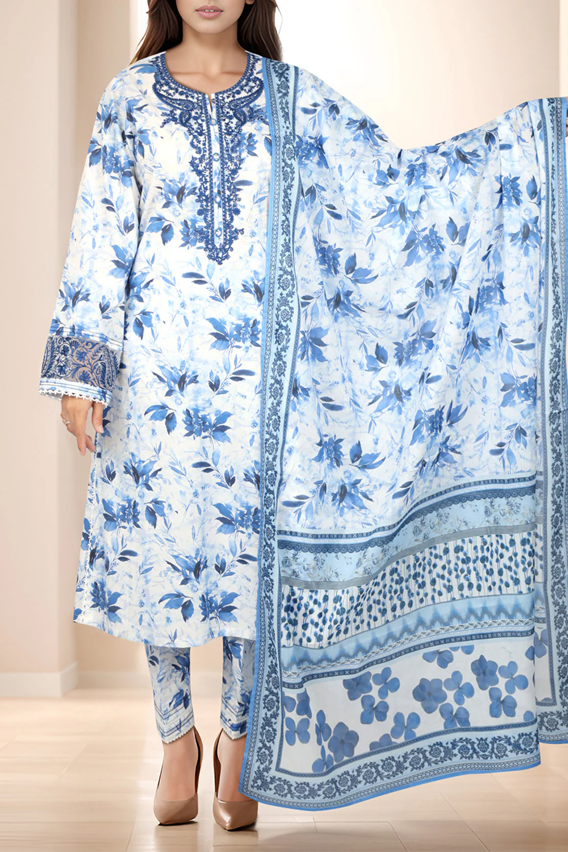 Unstitched Printed Embroidered Lawn Shirt