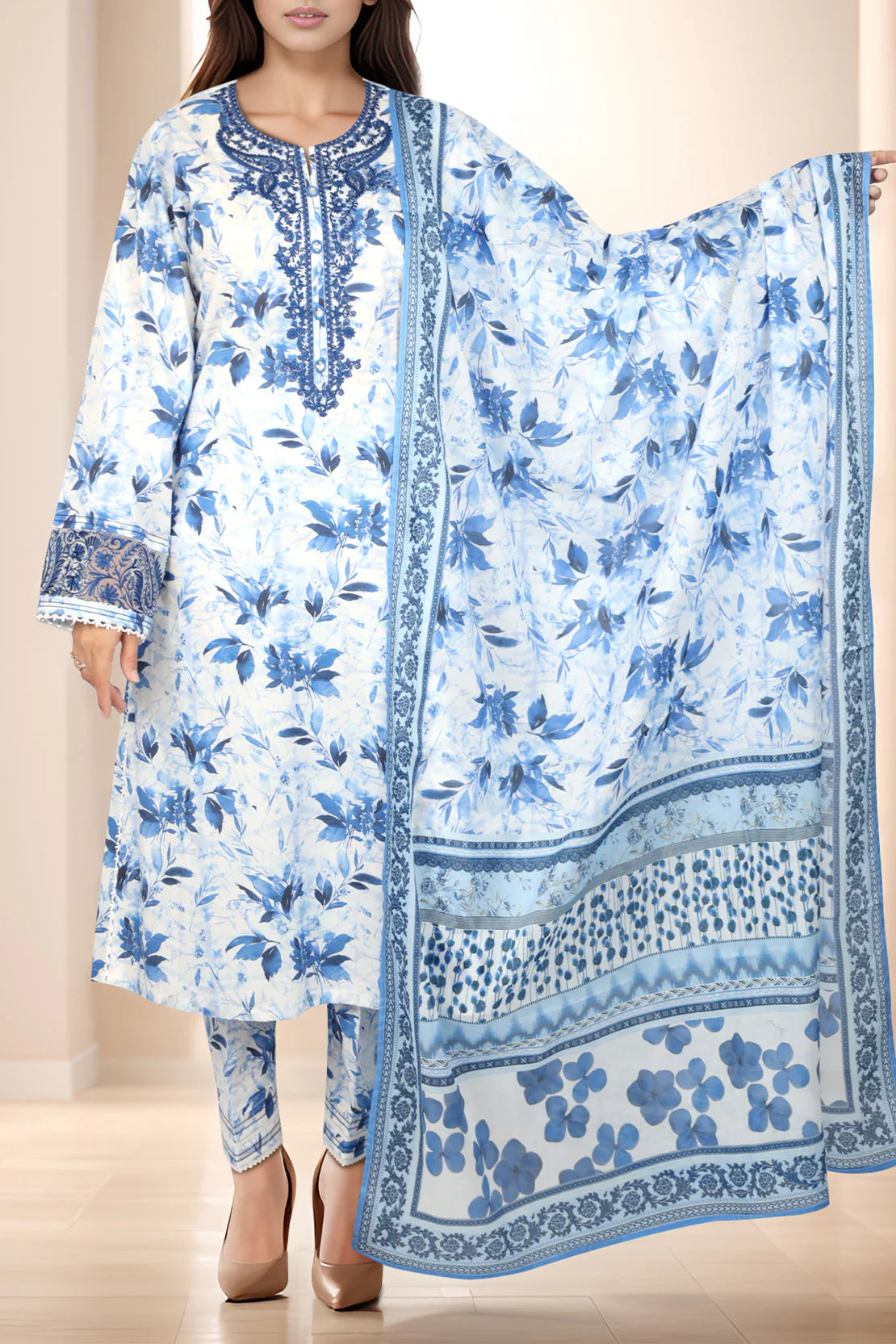 Unstitched Printed Embroidered Lawn Shirt - Image 2