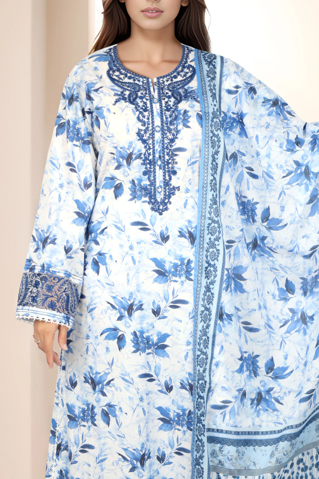 Unstitched Printed Embroidered Lawn Shirt - Image 3