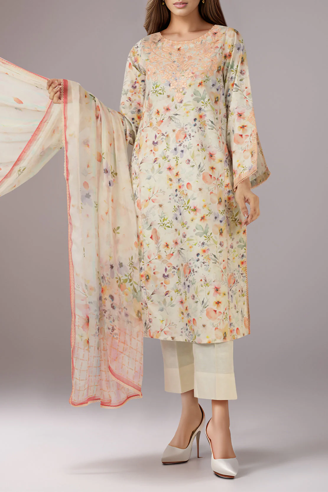 Unstitched Printed Embroidered Self Jacquard 3 Piece With Chiffon Dupatta - Image 2