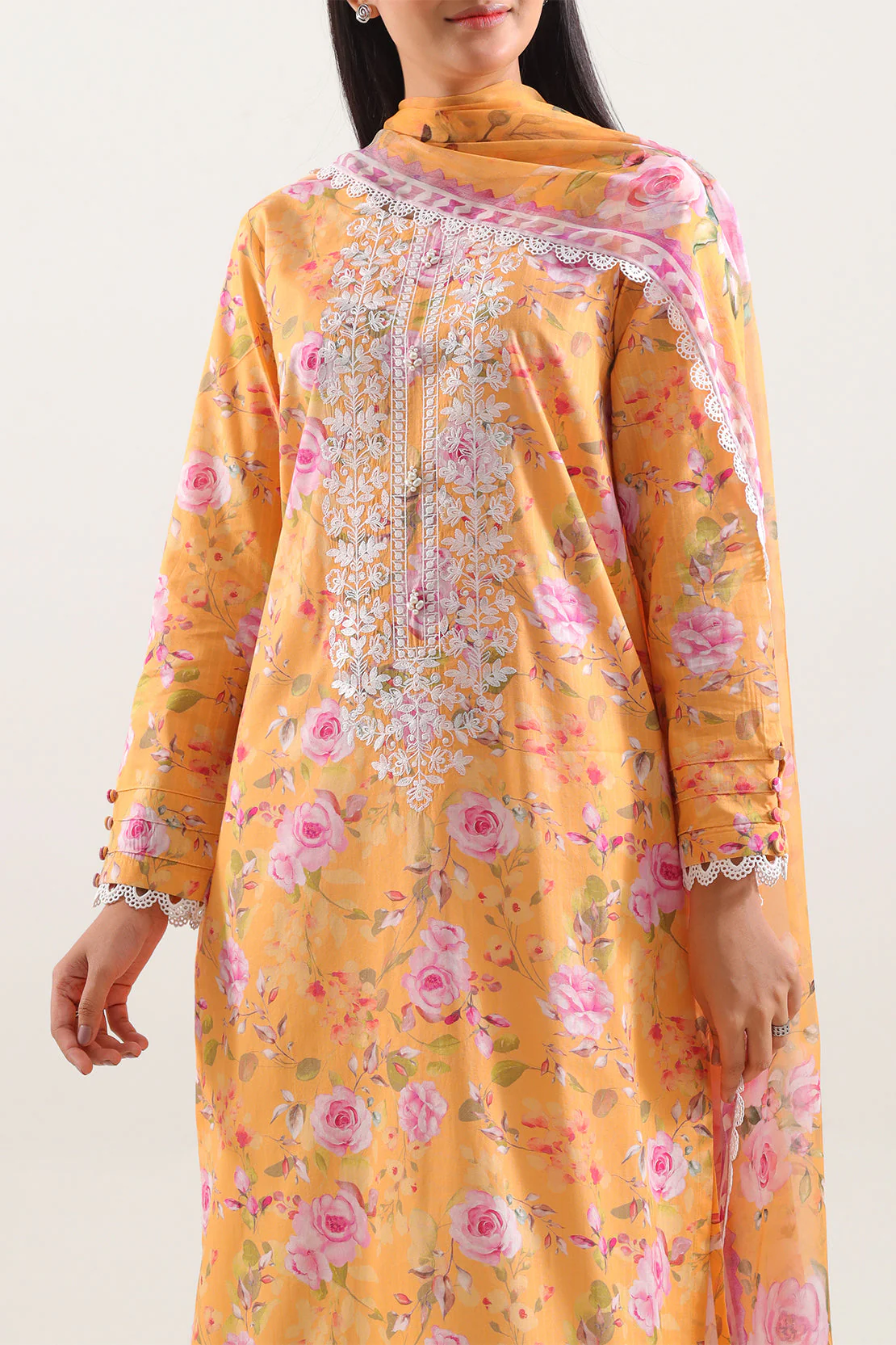 Unstitched Printed Embroidered Strip Lawn 3 Piece With Chiffon Dupatta - Image 3