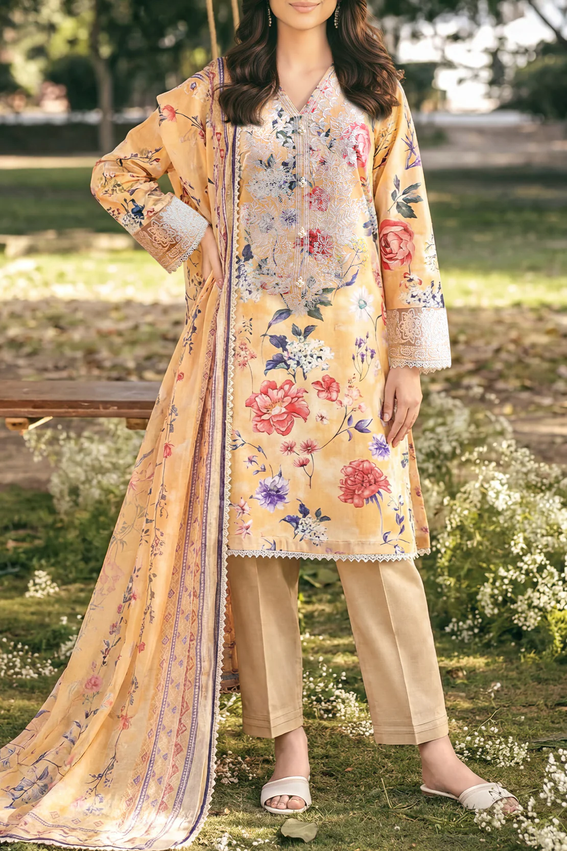 Unstitched Printed Embroidered Strip Lawn 3 Piece With Chiffon Dupatta