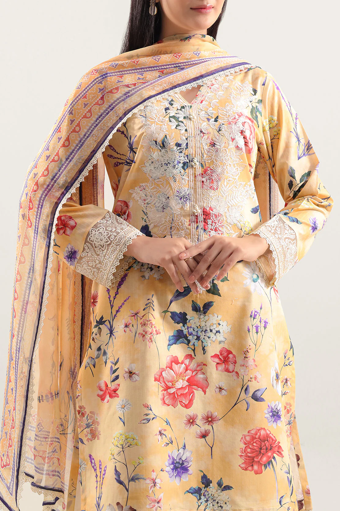 Unstitched Printed Embroidered Strip Lawn 3 Piece With Chiffon Dupatta - Image 2