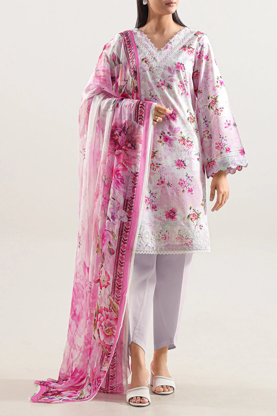 Unstitched Printed Embroidered Strip Lawn 3 Piece With Chiffon Dupatta