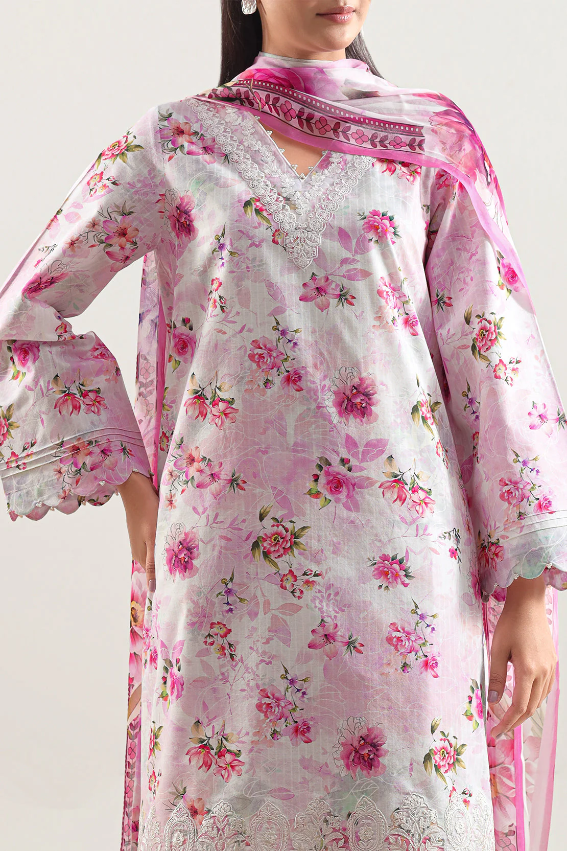 Unstitched Printed Embroidered Strip Lawn 3 Piece With Chiffon Dupatta - Image 3