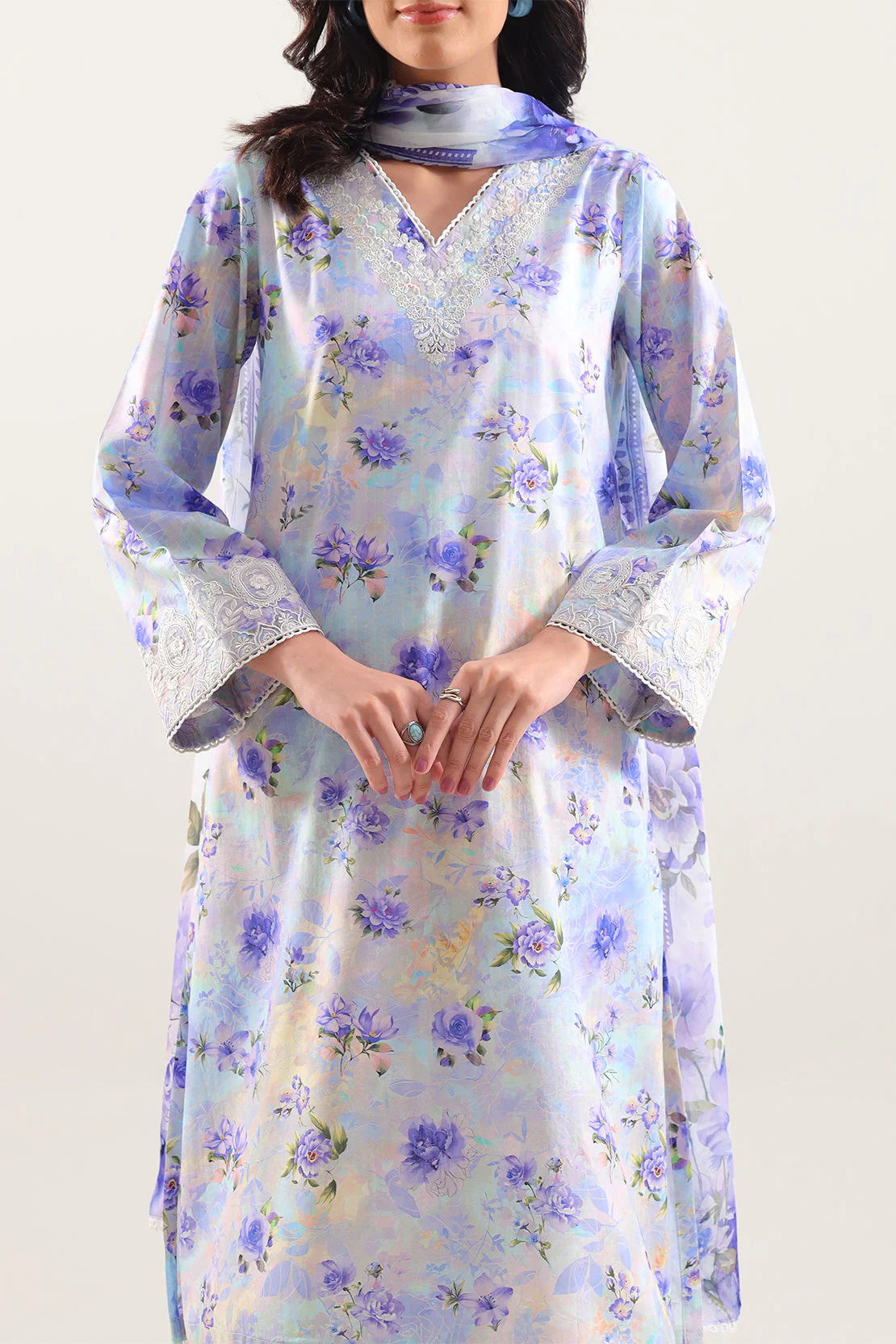 Unstitched Printed Embroidered Strip Lawn 3 Piece With Chiffon Dupatta - Image 3