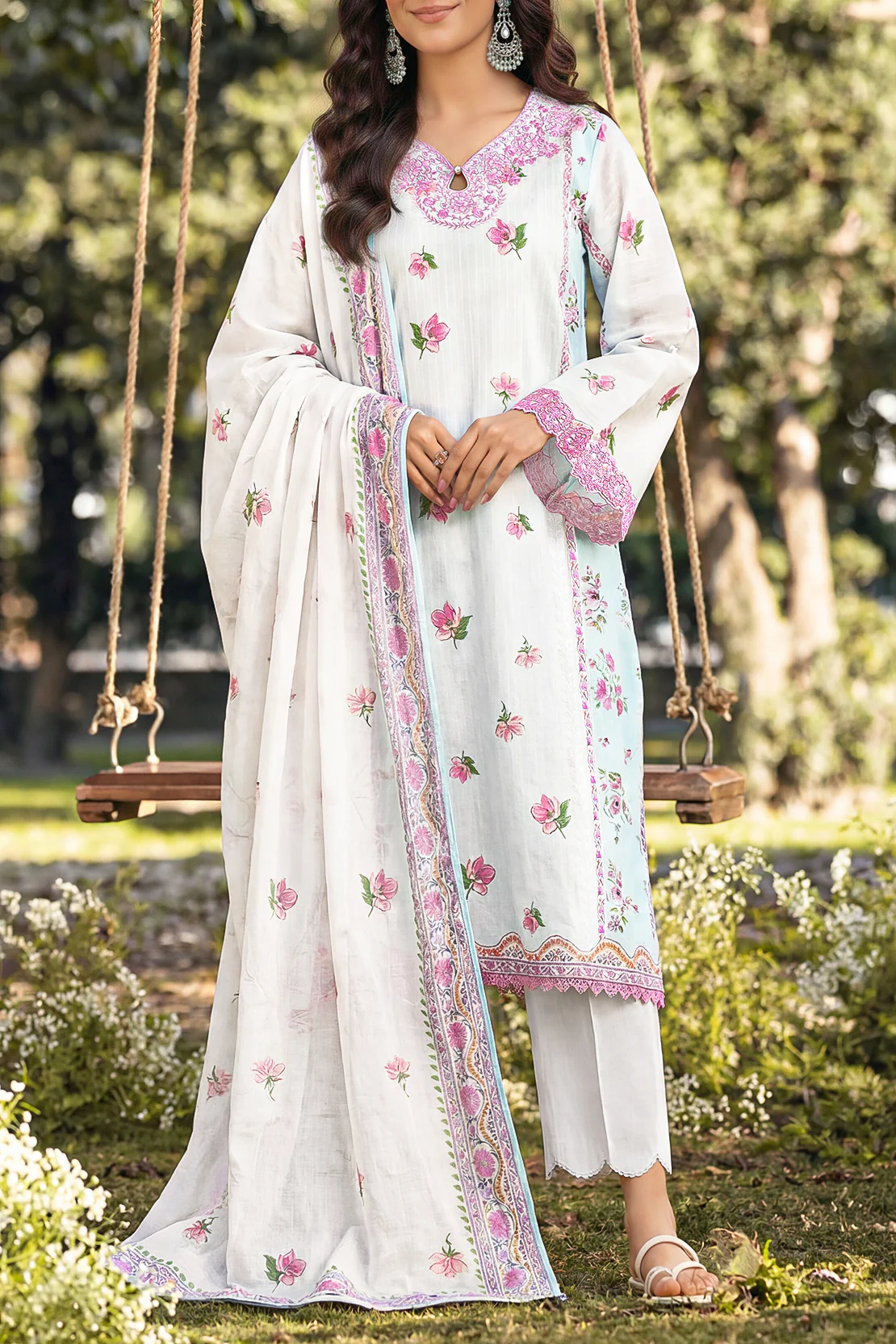 Unstitched Printed Embroidered Strip Lawn 3 Piece With Chiffon Dupatta