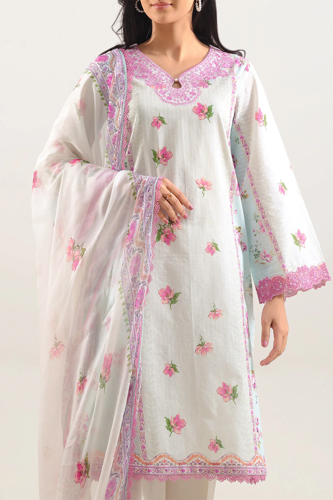 Unstitched Printed Embroidered Strip Lawn 3 Piece With Chiffon Dupatta - Image 2