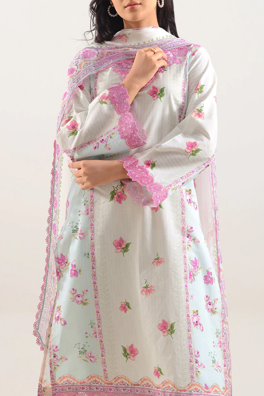 Unstitched Printed Embroidered Strip Lawn 3 Piece With Chiffon Dupatta - Image 3