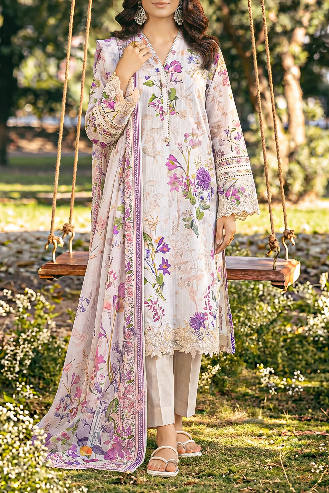 Unstitched Printed Embroidered Strip Lawn 3 Piece