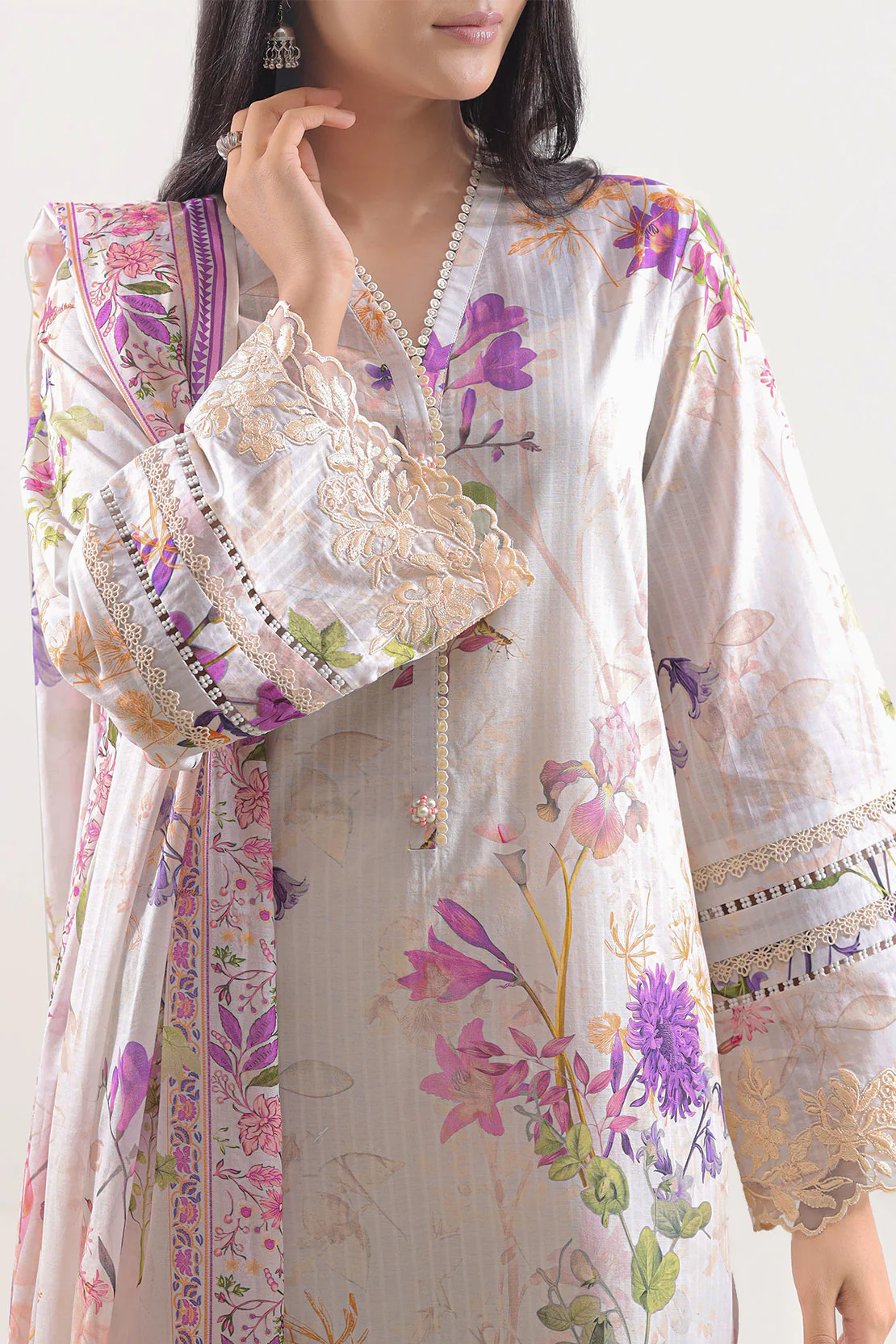 Unstitched Printed Embroidered Strip Lawn 3 Piece - Image 2