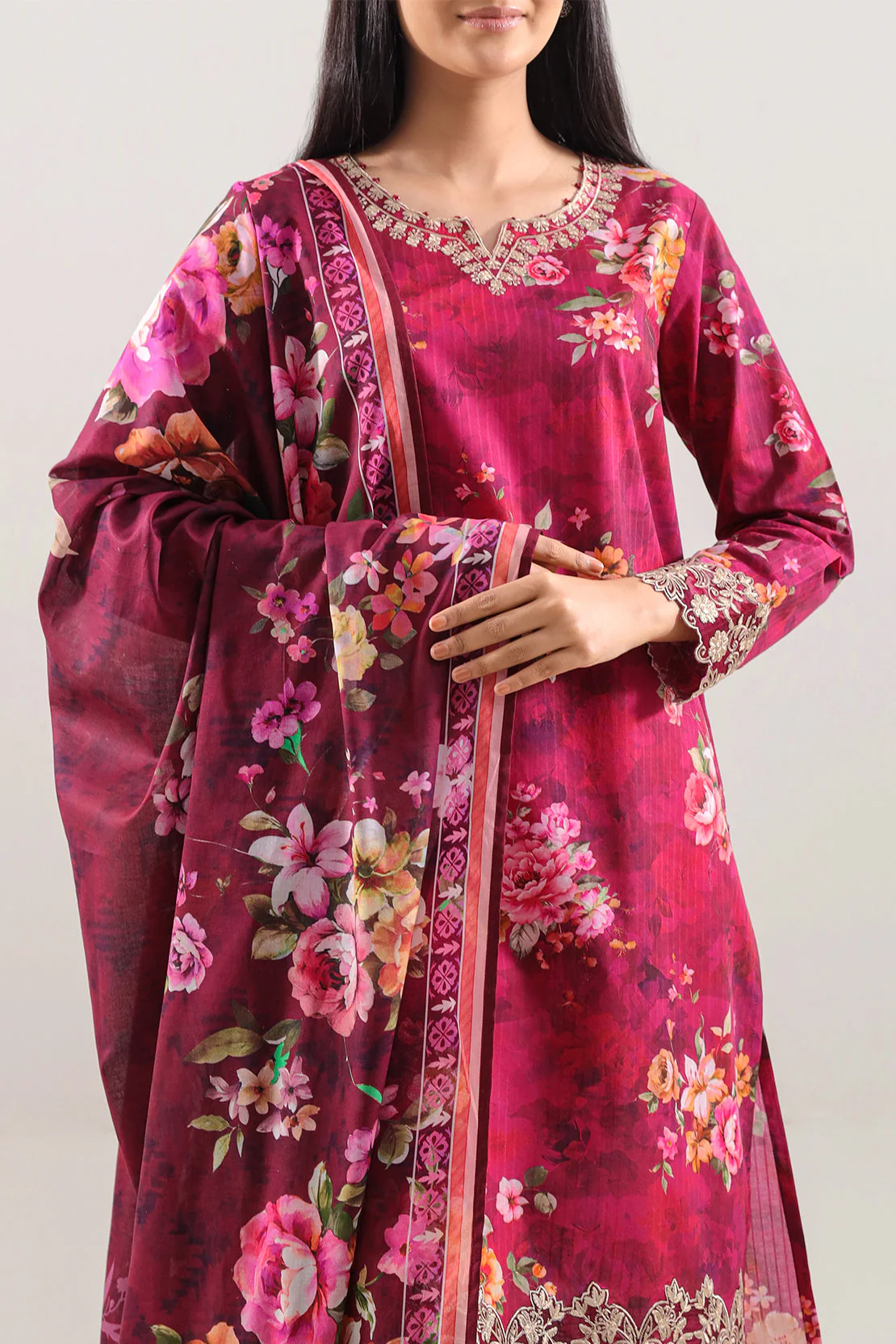 Unstitched Printed Embroidered Strip Lawn 3 Piece - Image 2