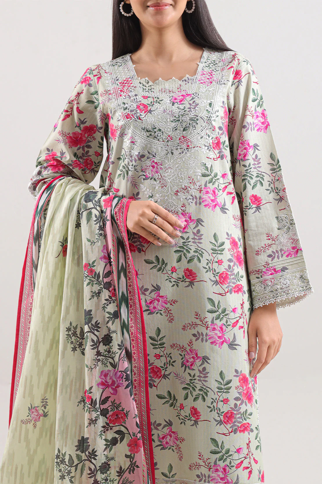 Unstitched Printed Embroidered Strip Lawn 3 Piece - Image 3