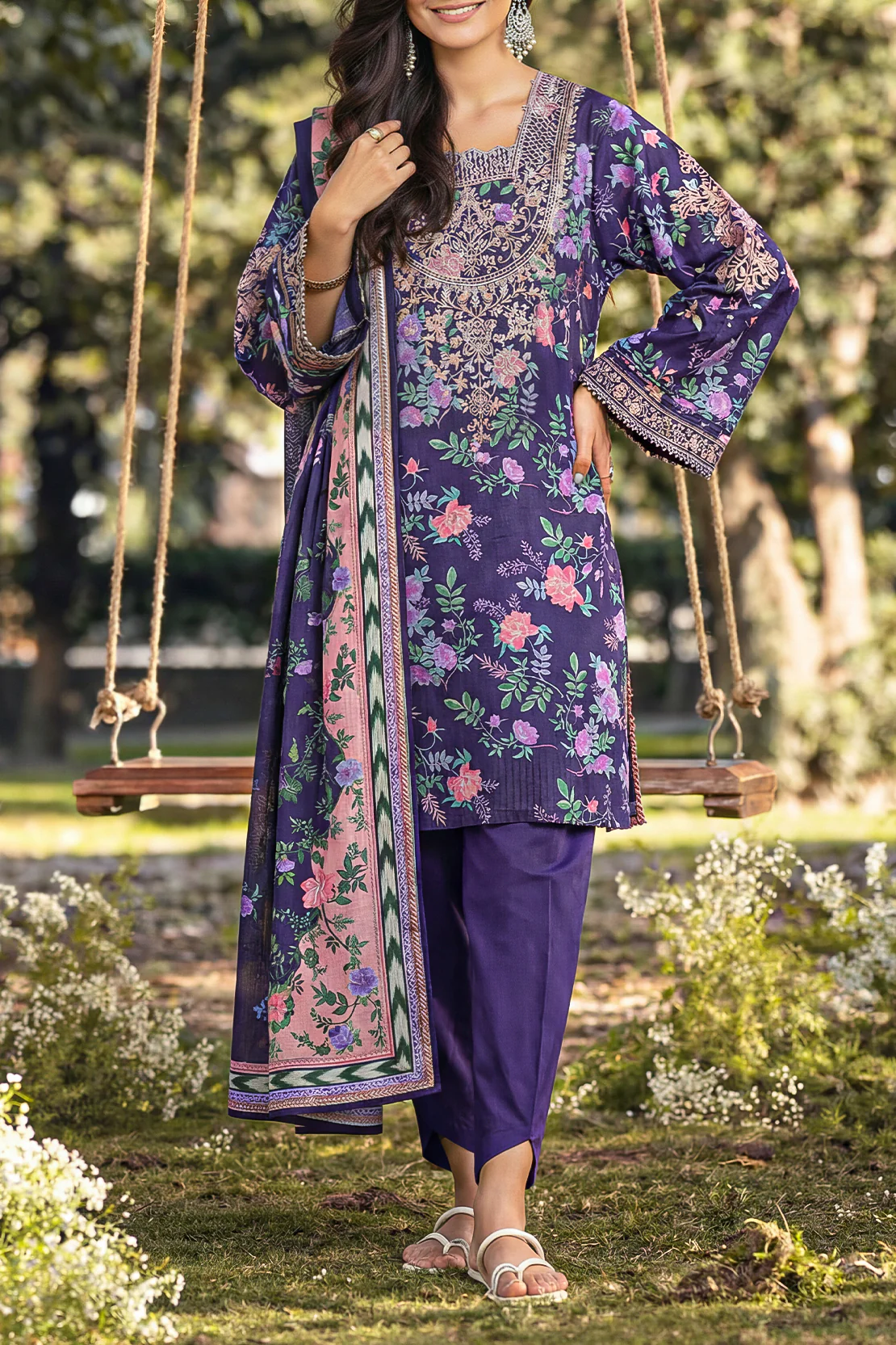 Unstitched Printed Embroidered Strip Lawn 3 Piece