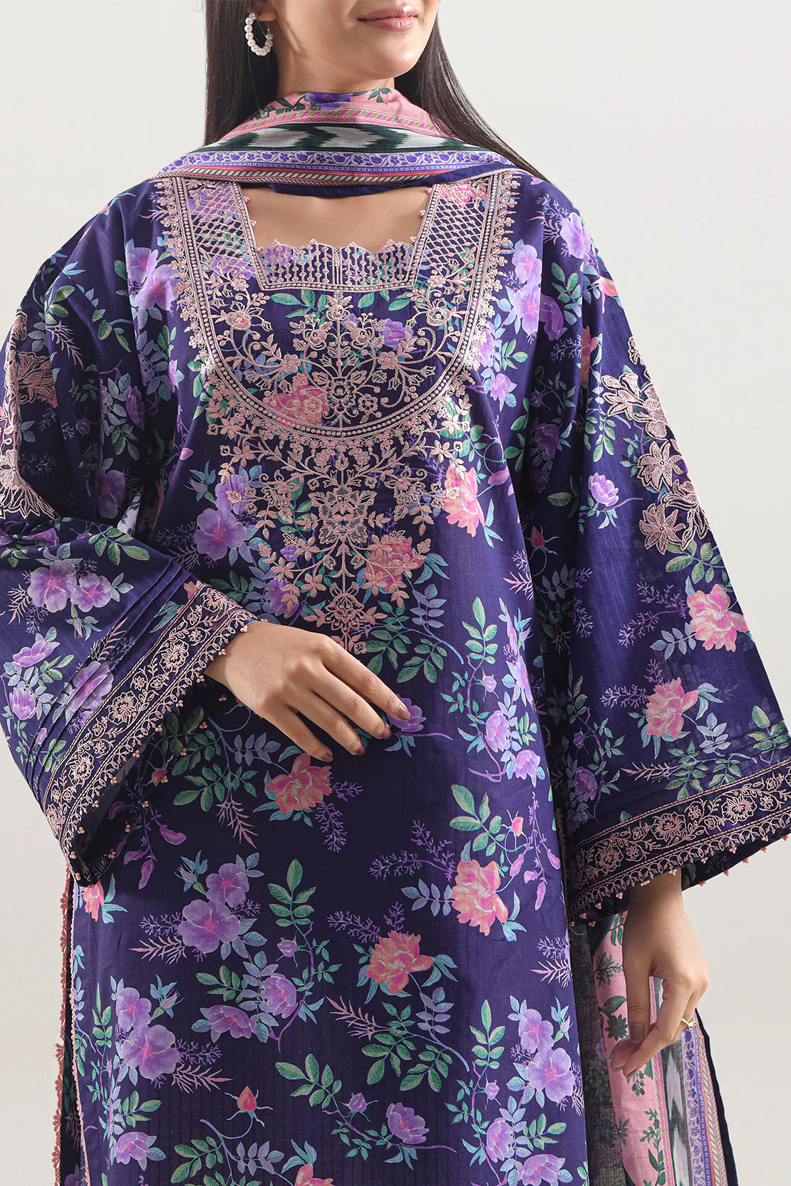 Unstitched Printed Embroidered Strip Lawn 3 Piece - Image 2