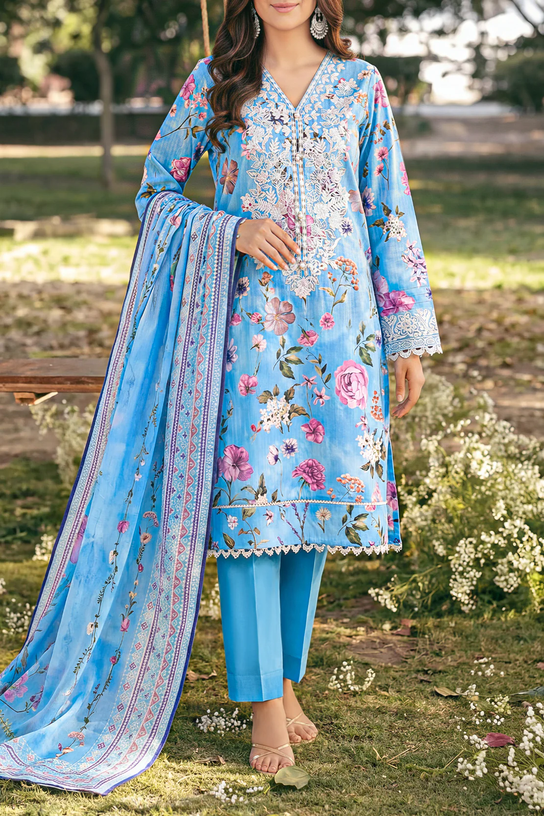 Unstitched Printed Embroidered Strip Lawn 3 Piece