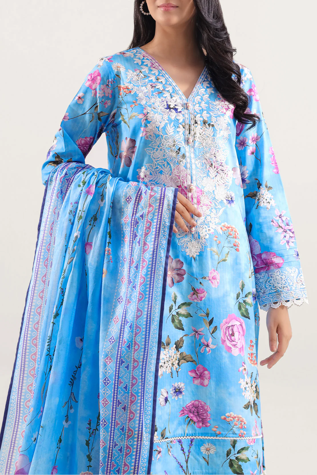 Unstitched Printed Embroidered Strip Lawn 3 Piece - Image 2