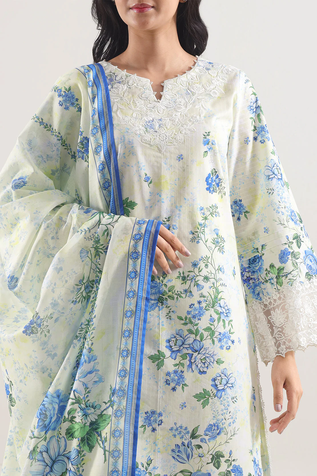 Unstitched Printed Embroidered Strip Lawn 3 Piece - Image 2