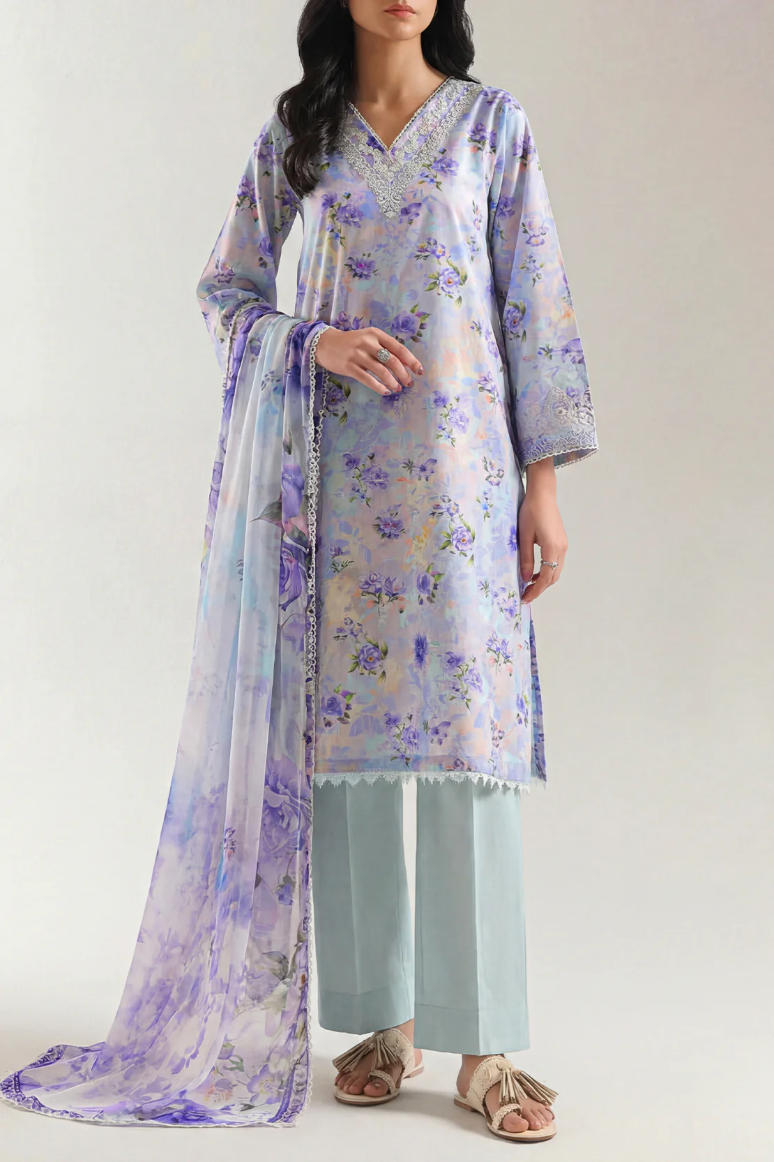 Unstitched Printed Embroidered Strip Lawn 3 Piece