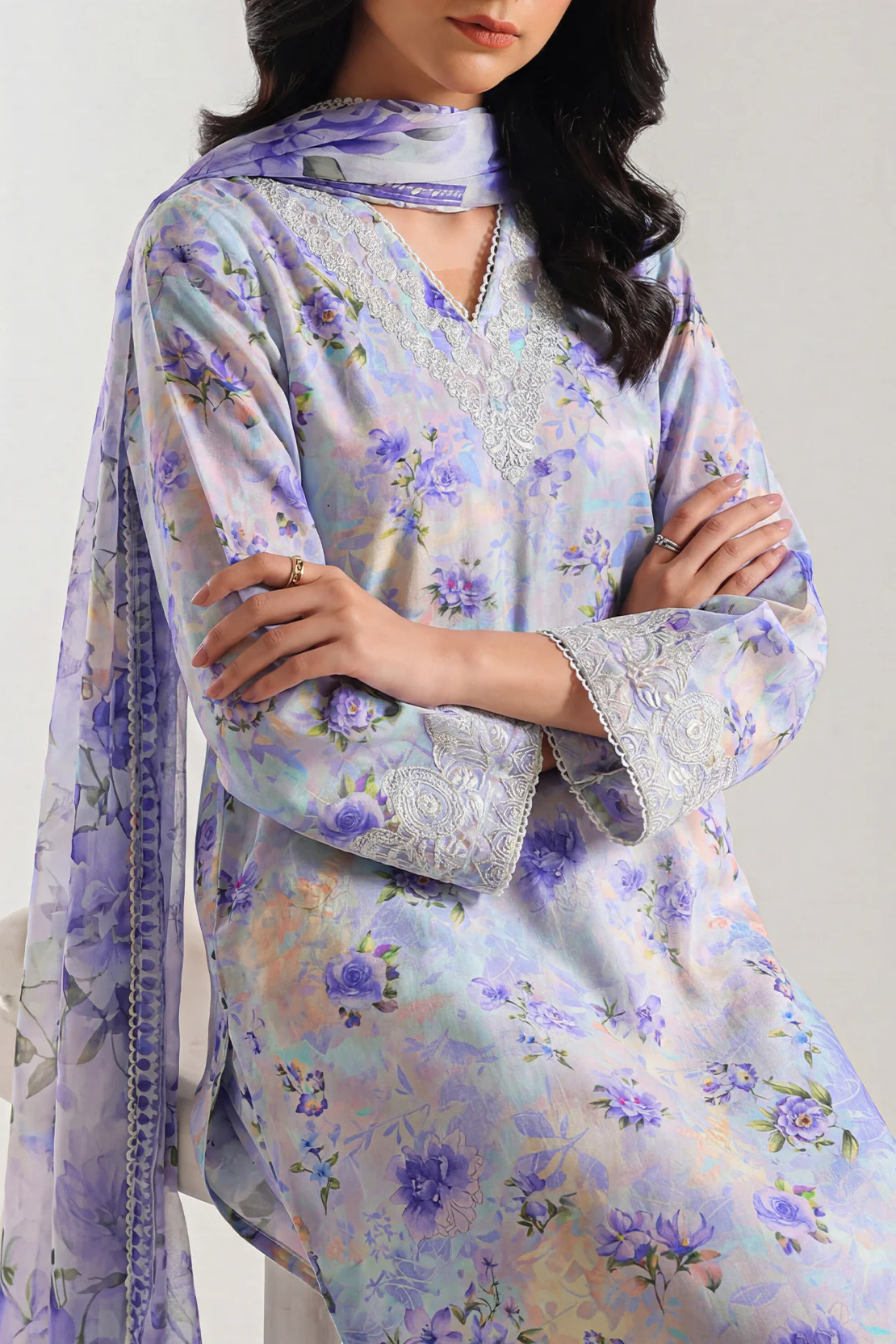 Unstitched Printed Embroidered Strip Lawn 3 Piece - Image 2