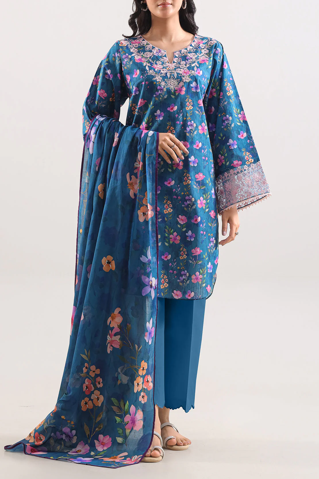 Unstitched Printed Embroidered Strip Lawn 3 Piece