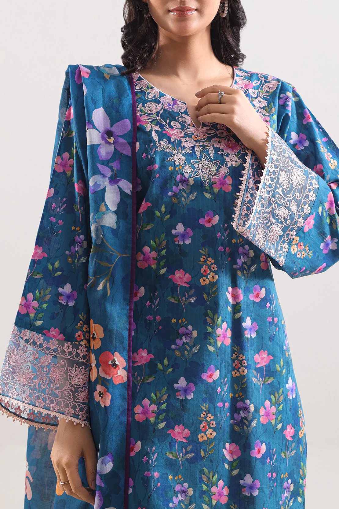 Unstitched Printed Embroidered Strip Lawn 3 Piece - Image 2