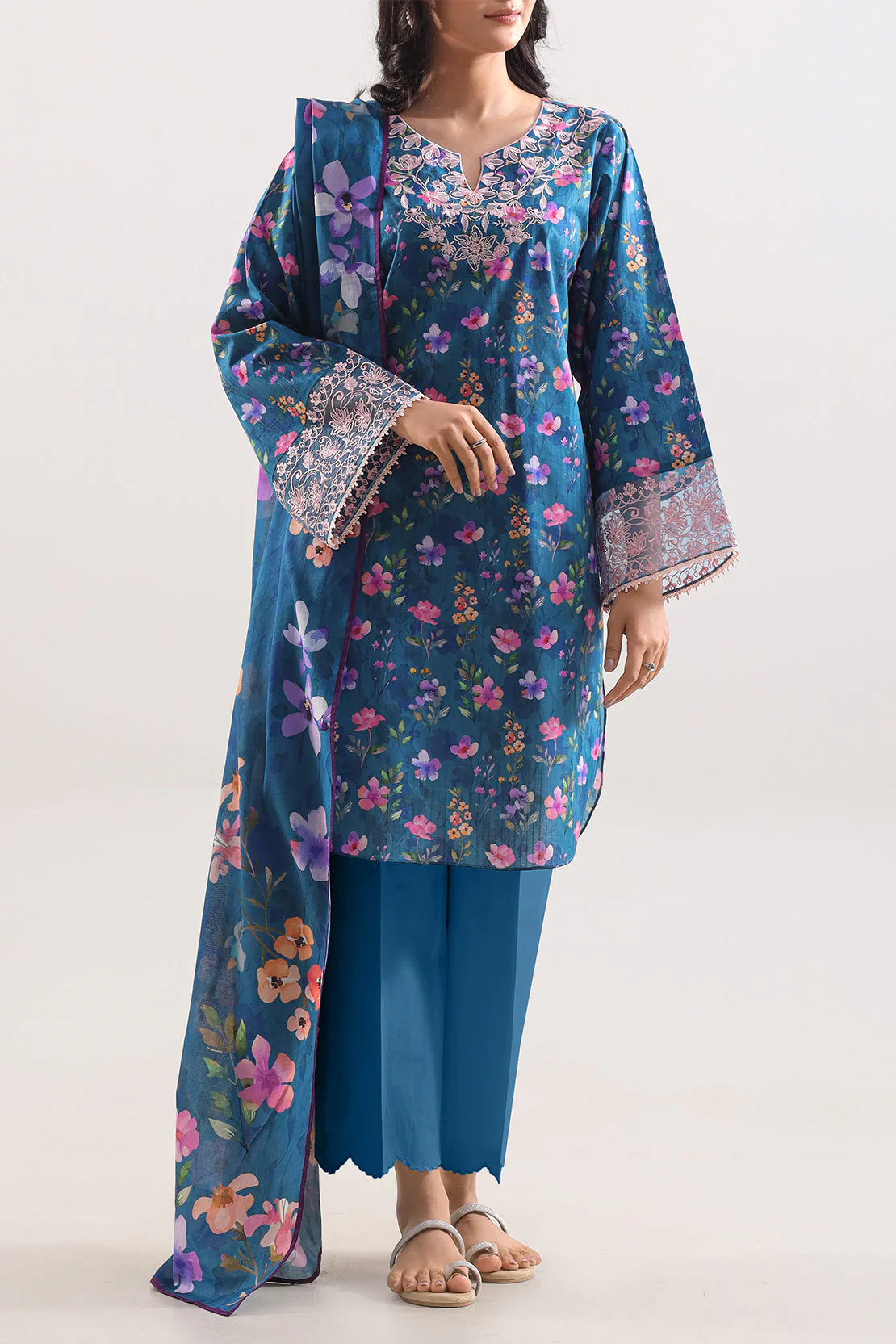 Unstitched Printed Embroidered Strip Lawn 3 Piece - Image 3