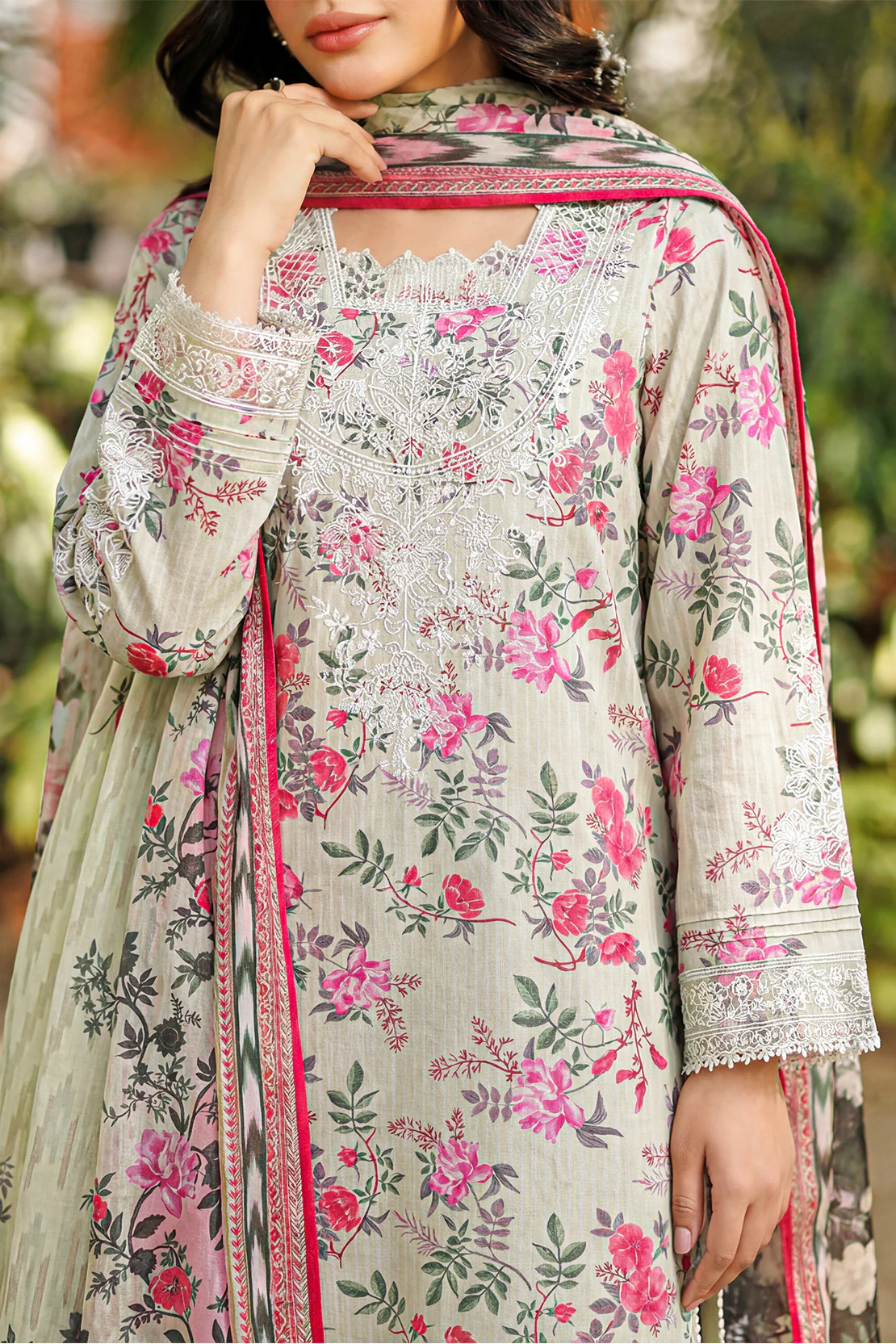 Unstitched Printed Embroidered Strip Lawn 3 Piece - Image 2