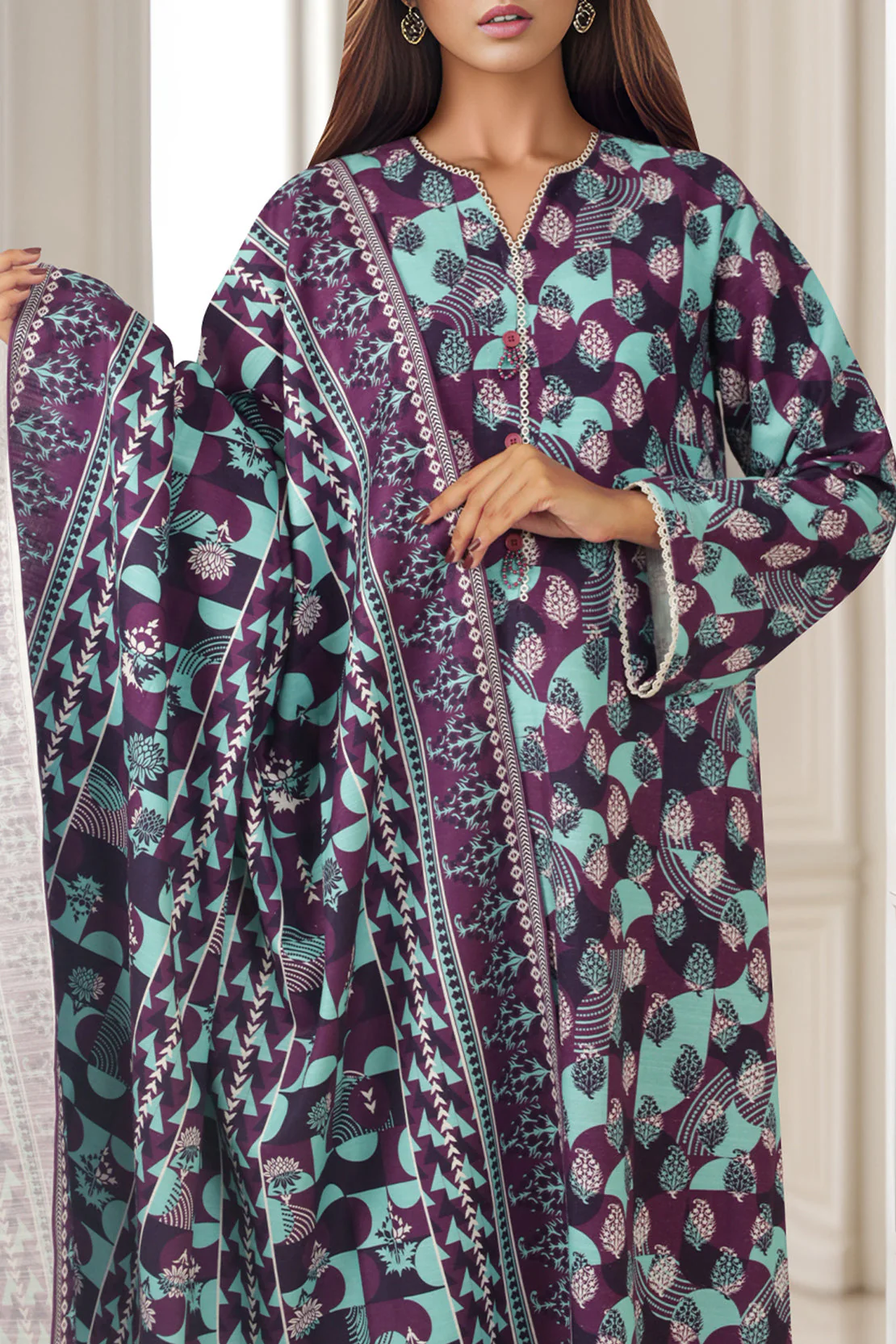Unstitched Printed Khaddar 2 Piece (Shirt/Dupatta) - Image 2
