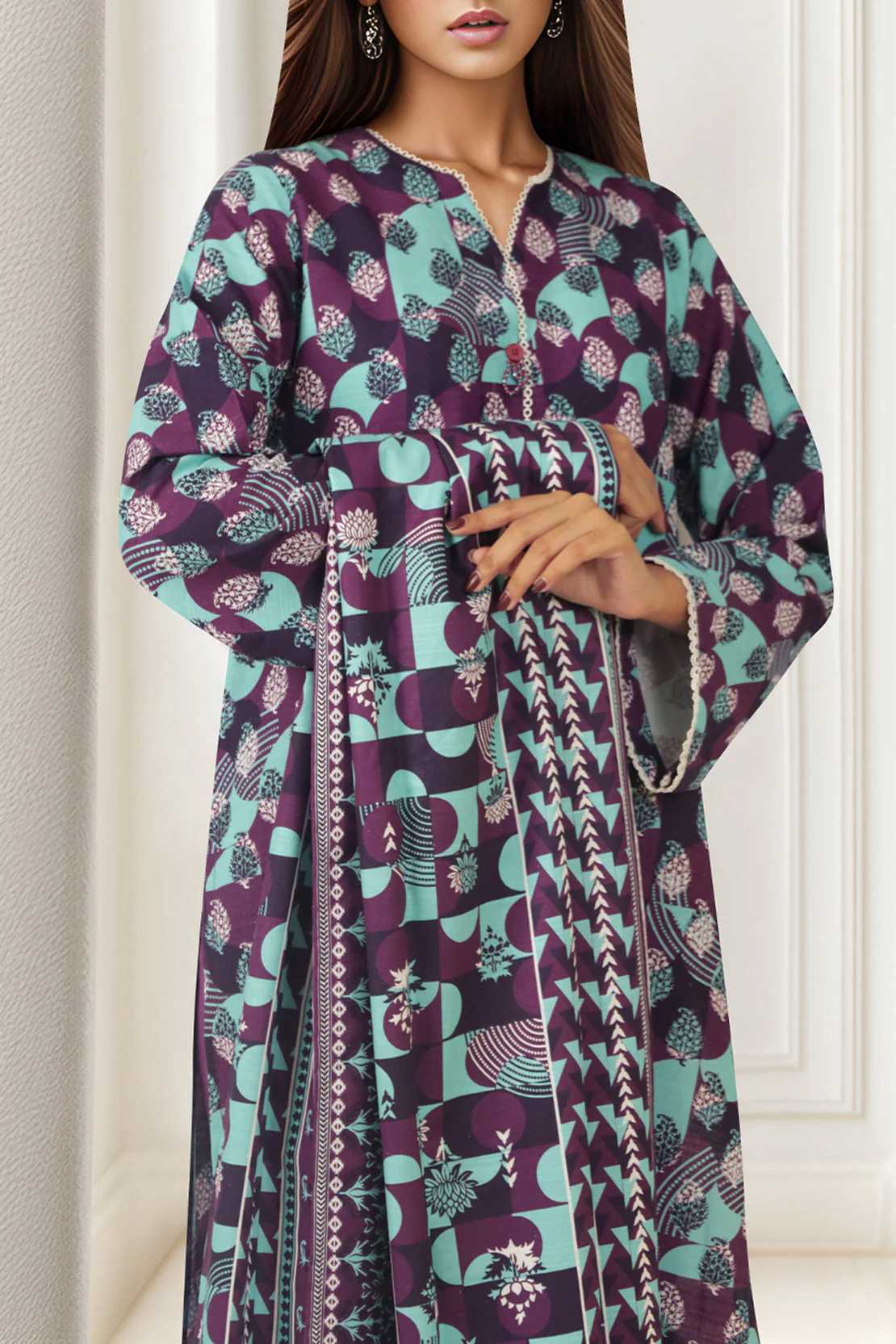 Unstitched Printed Khaddar 2 Piece (Shirt/Dupatta) - Image 3