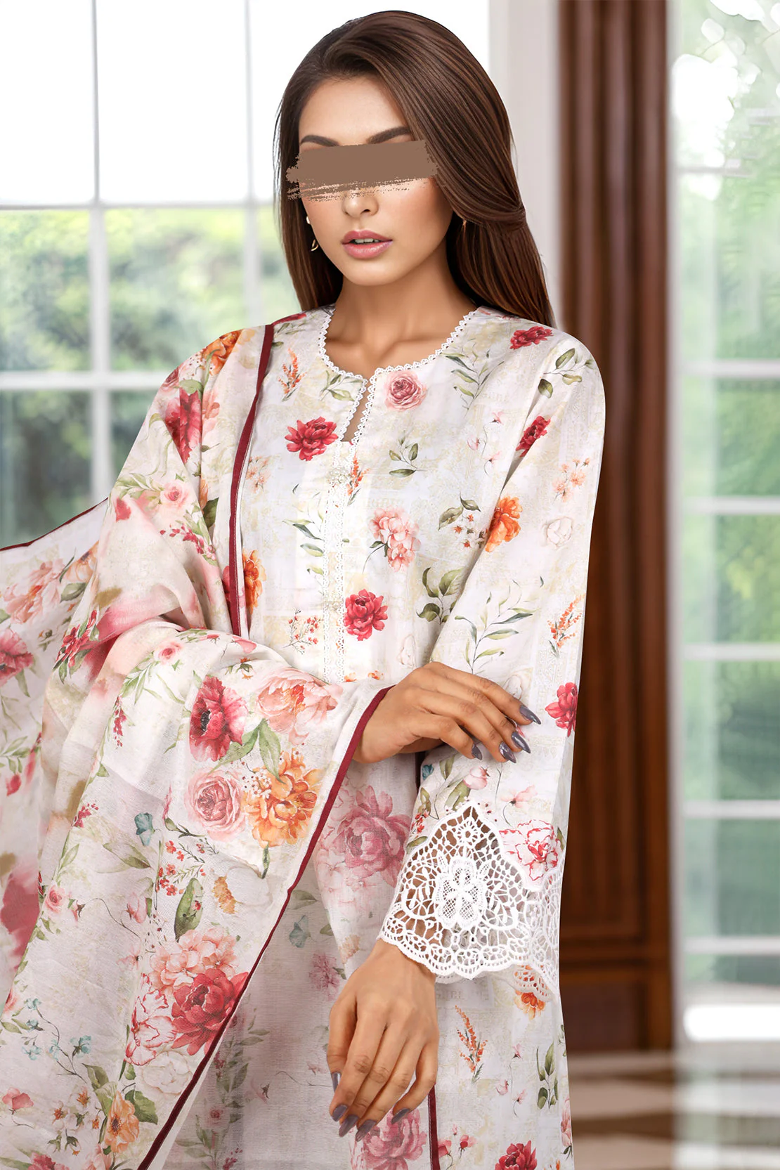 Unstitched Printed Self Jacquard 2 Piece(Shirt/Dupatta) - Image 2