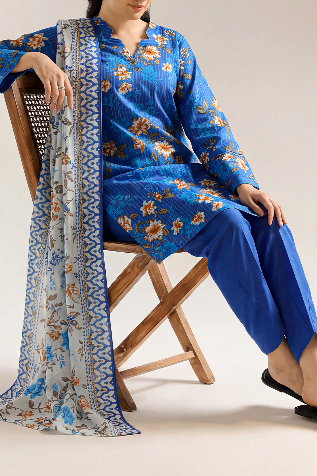 Unstitched Printed Self Strip Lawn 2 Piece (Shirt/Dupatta)