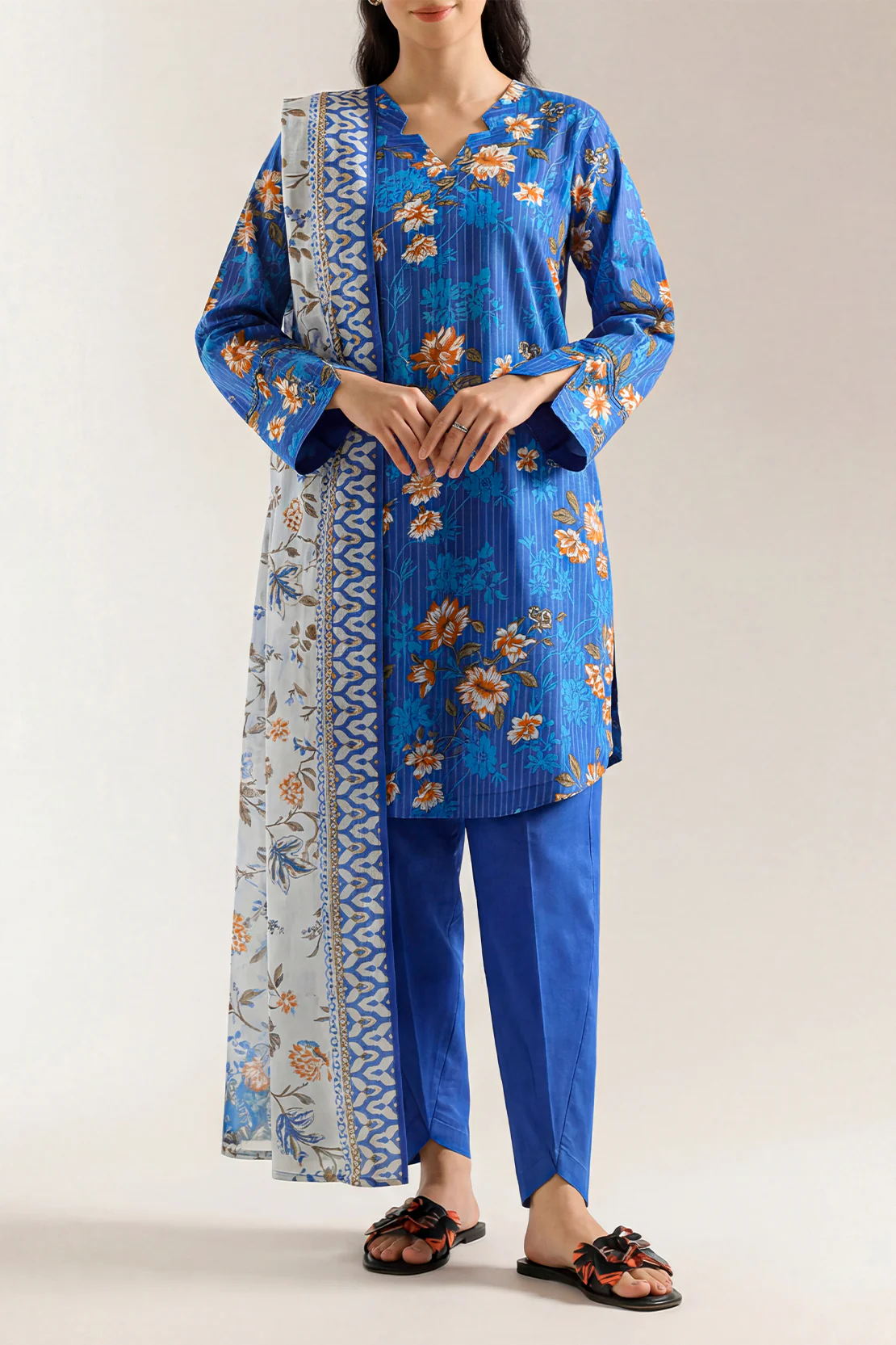 Unstitched Printed Self Strip Lawn 2 Piece (Shirt/Dupatta) - Image 2