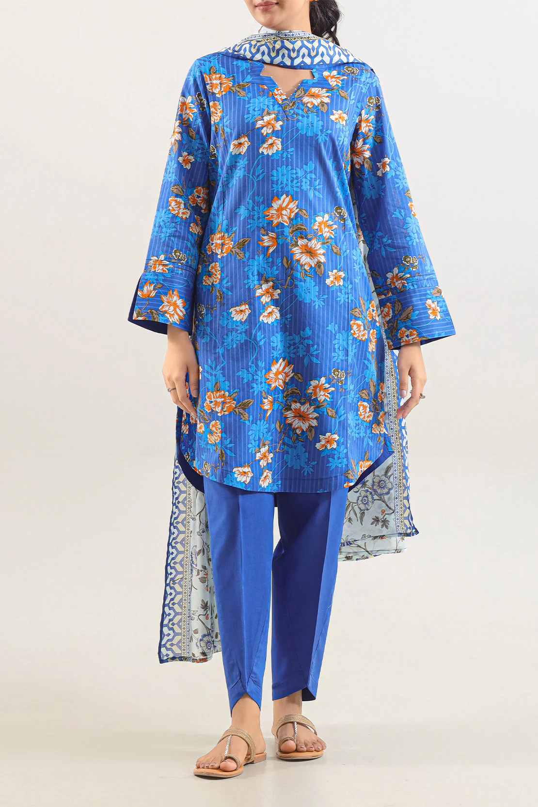 Unstitched Printed Self Strip Lawn 2 Piece (Shirt/Dupatta) - Image 3