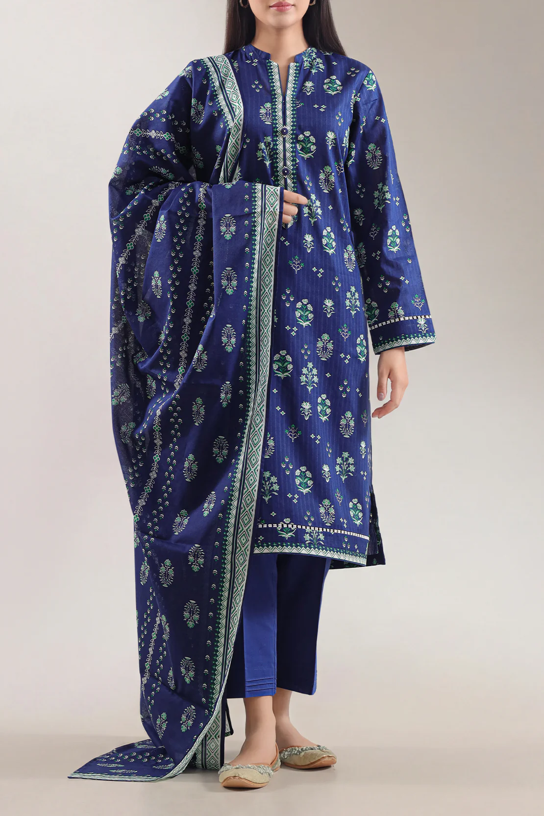 Unstitched Printed Self Strip Lawn 2 Piece (Shirt/Dupatta)