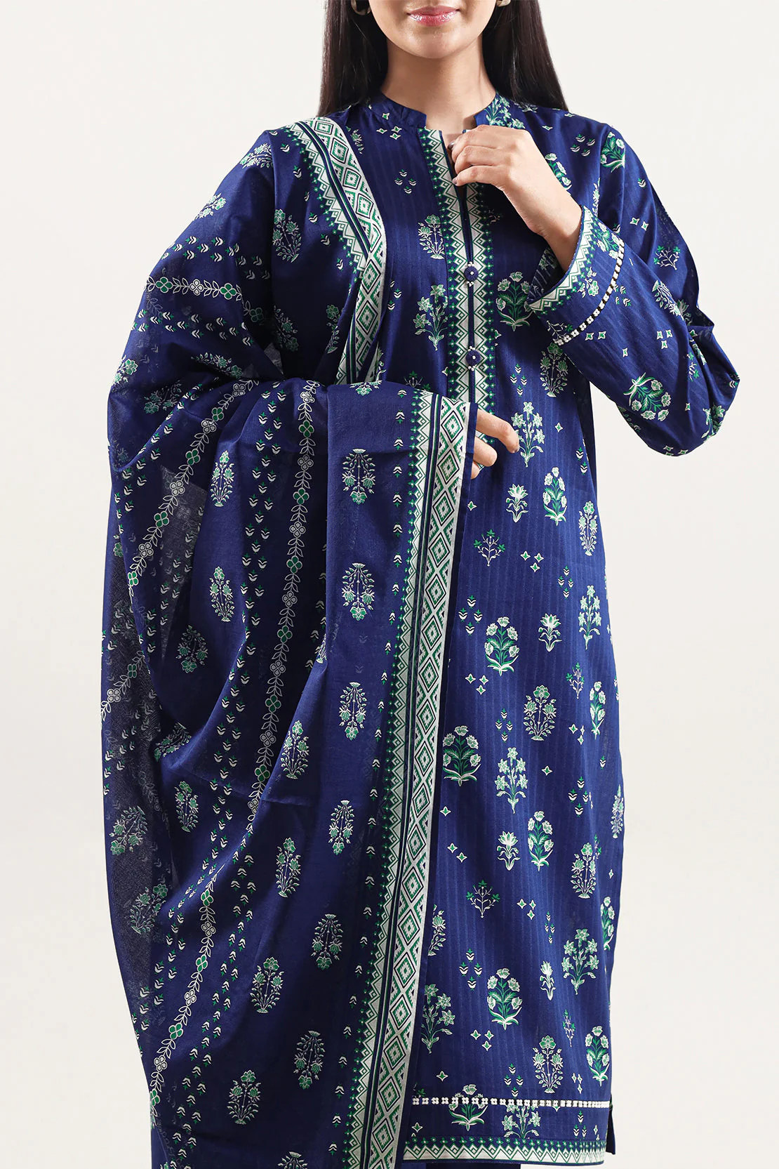Unstitched Printed Self Strip Lawn 2 Piece (Shirt/Dupatta) - Image 2