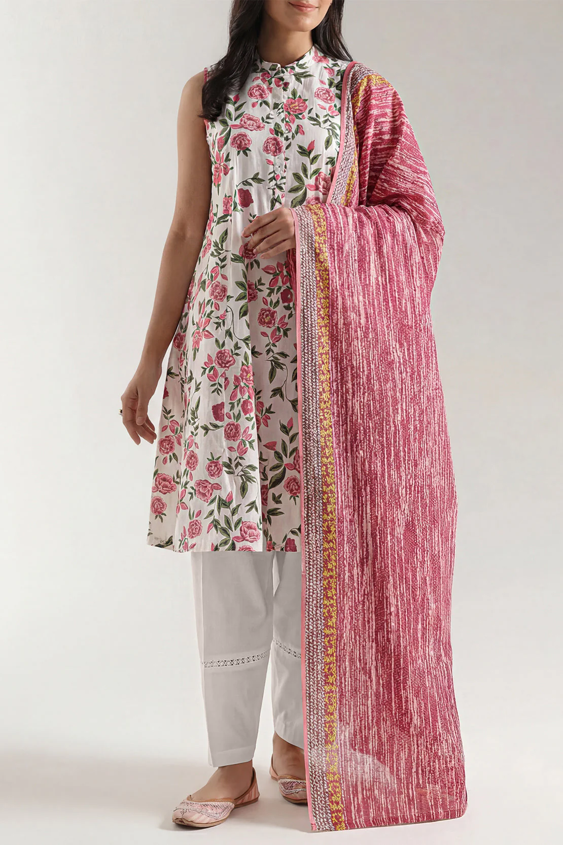 Unstitched Printed Self Strip Lawn 2 Piece (Shirt/Dupatta)