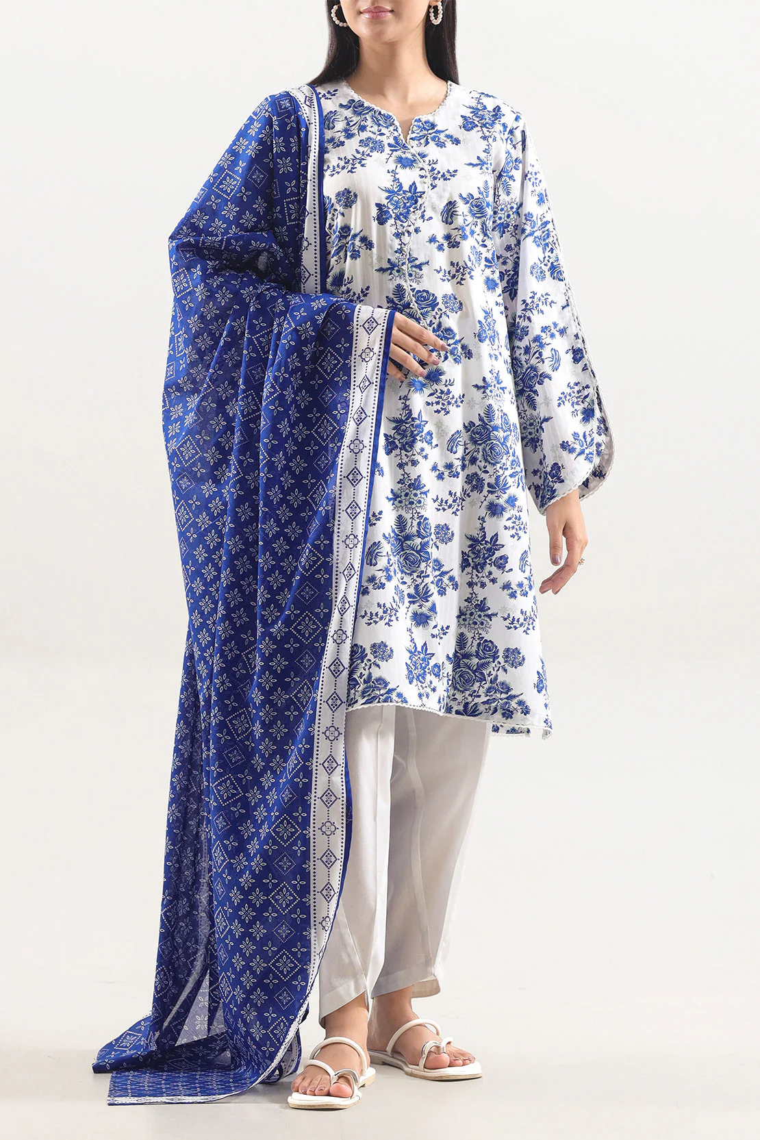 Unstitched Printed Self Strip Lawn 2 Piece (Shirt/Dupatta)