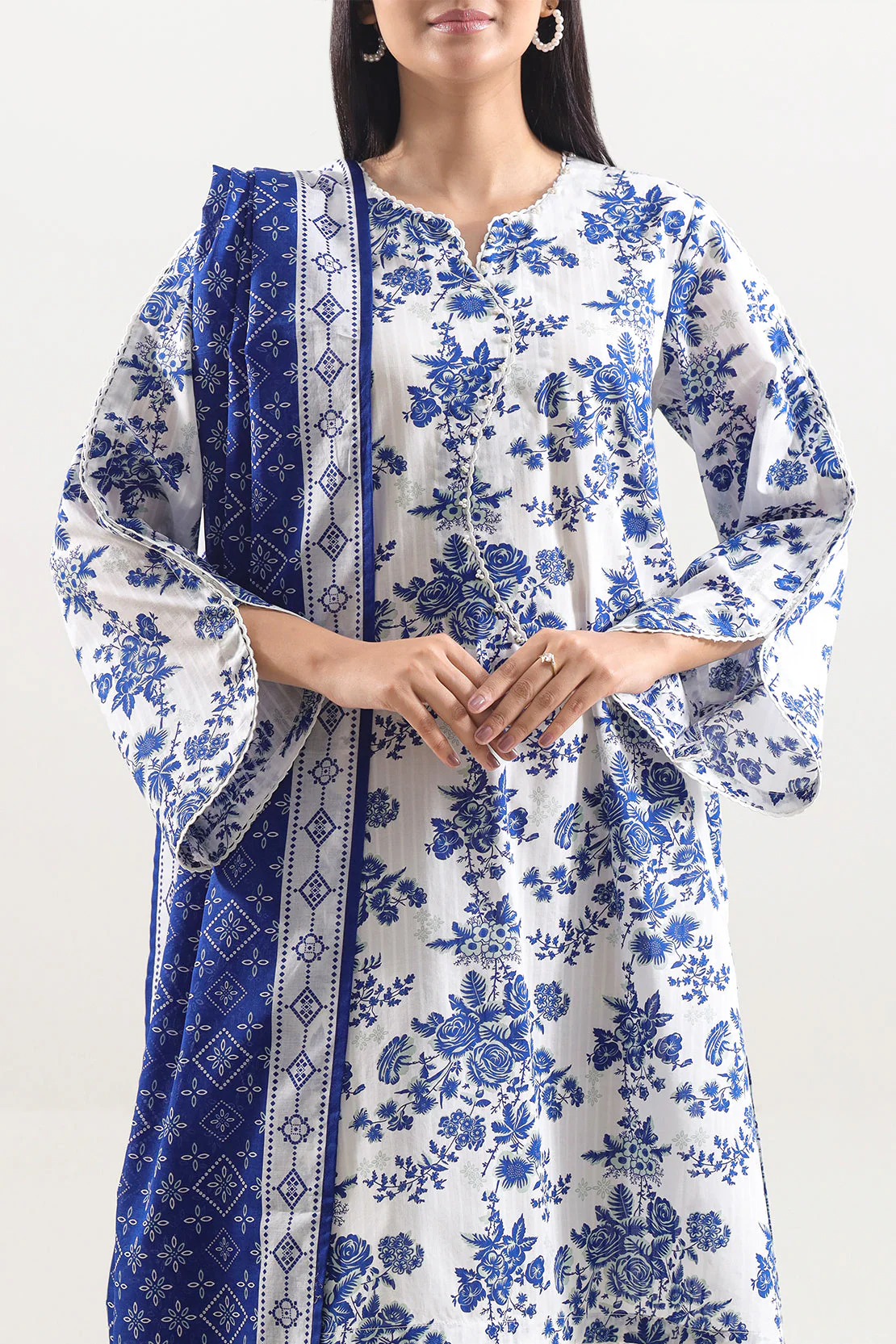 Unstitched Printed Self Strip Lawn 2 Piece (Shirt/Dupatta) - Image 3