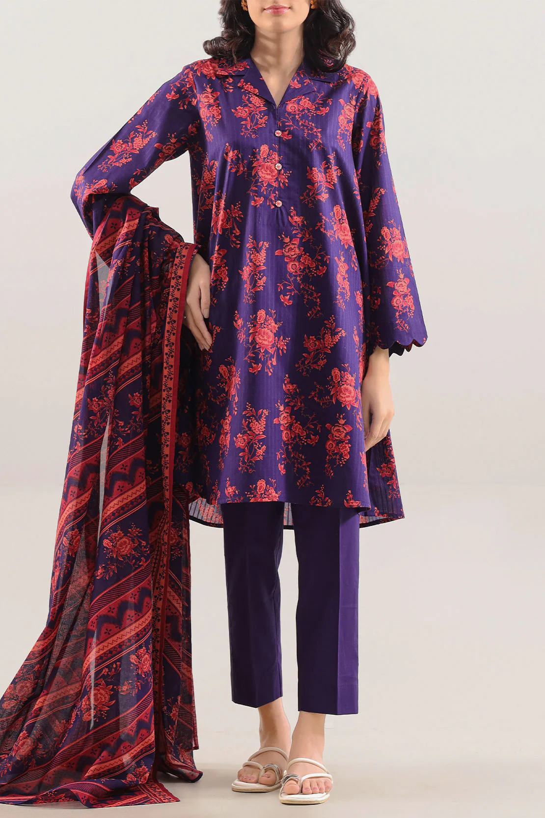 Unstitched Printed Self Strip Lawn 2 Piece (Shirt/Trouser)