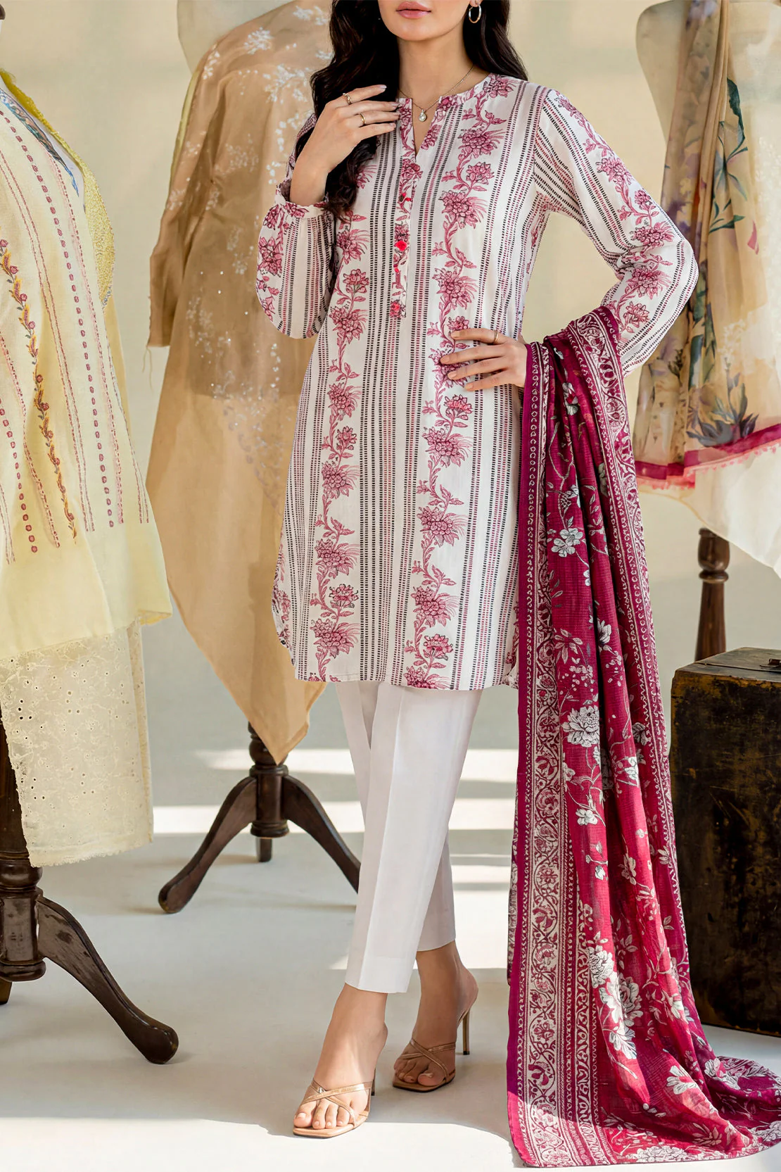 Unstitched Printed Self Strip Lawn 3 Piece