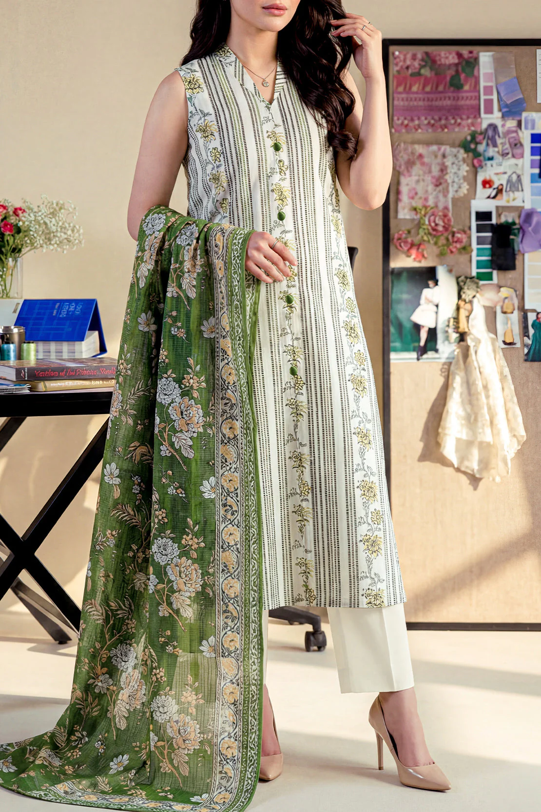Unstitched Printed Self Strip Lawn 3 Piece