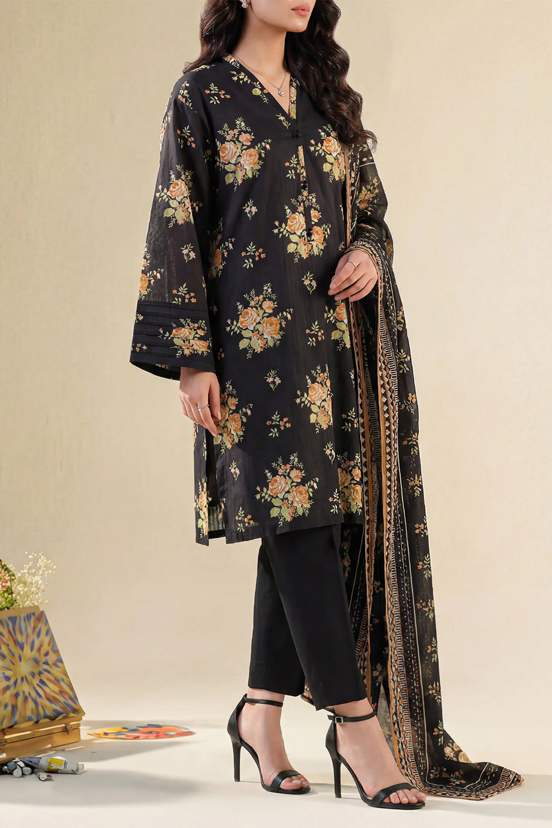 Unstitched Printed Self Strip Lawn 3 Piece