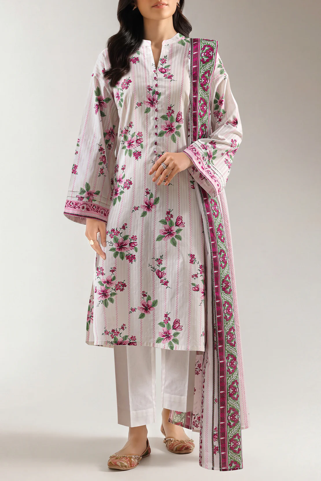 Unstitched Printed Self Strip Lawn 3 Piece