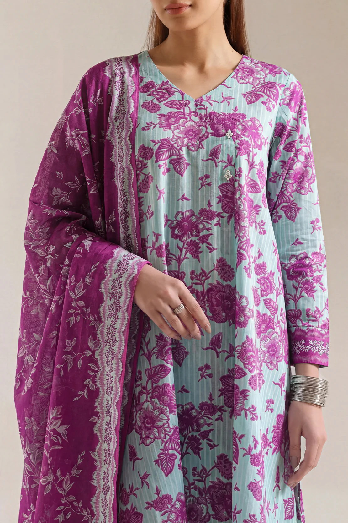 Unstitched Printed Self Strip Lawn 3 Piece
