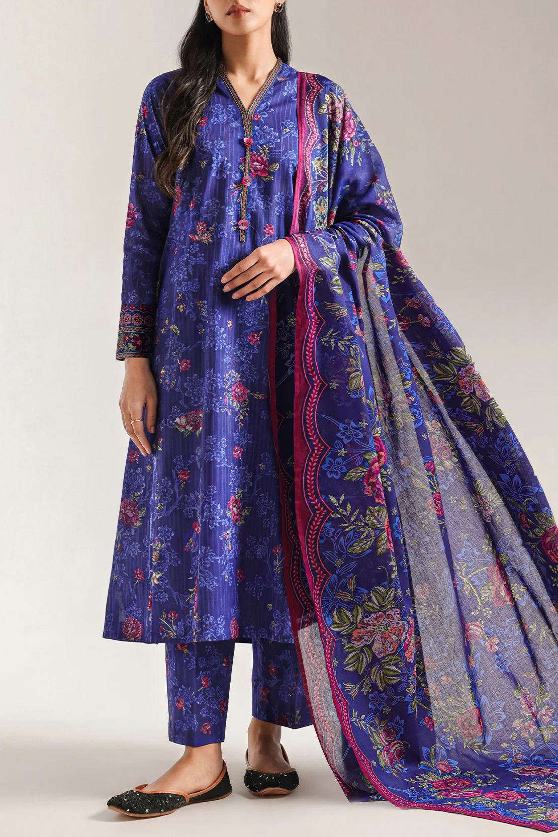 Unstitched Printed Self Strip Lawn 3 Piece