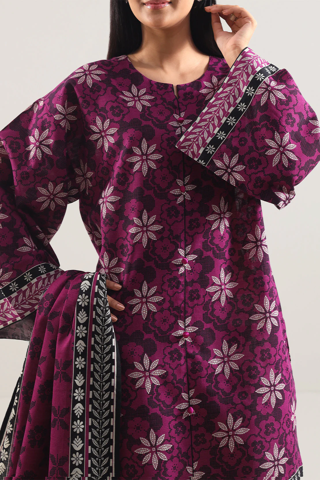 Unstitched Printed Self Strip Lawn 3 Piece - Image 2